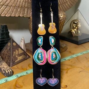Colorful Guitar, Swirl and Heart Earring Set - Pink Teal Purple